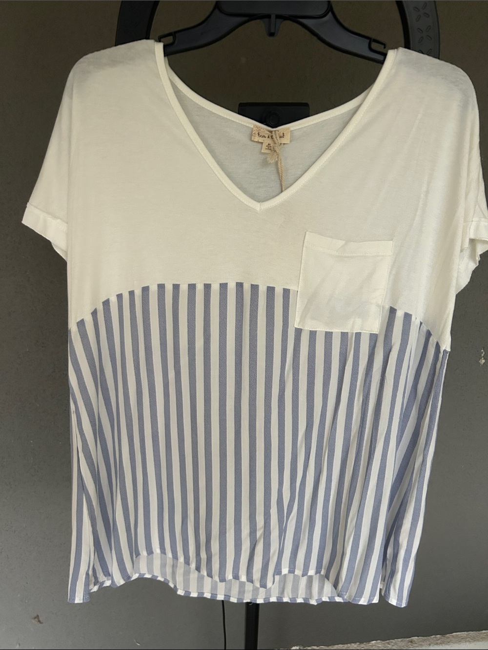 Hem & Thread Cream V-Neck Top with Light Blue Stripes